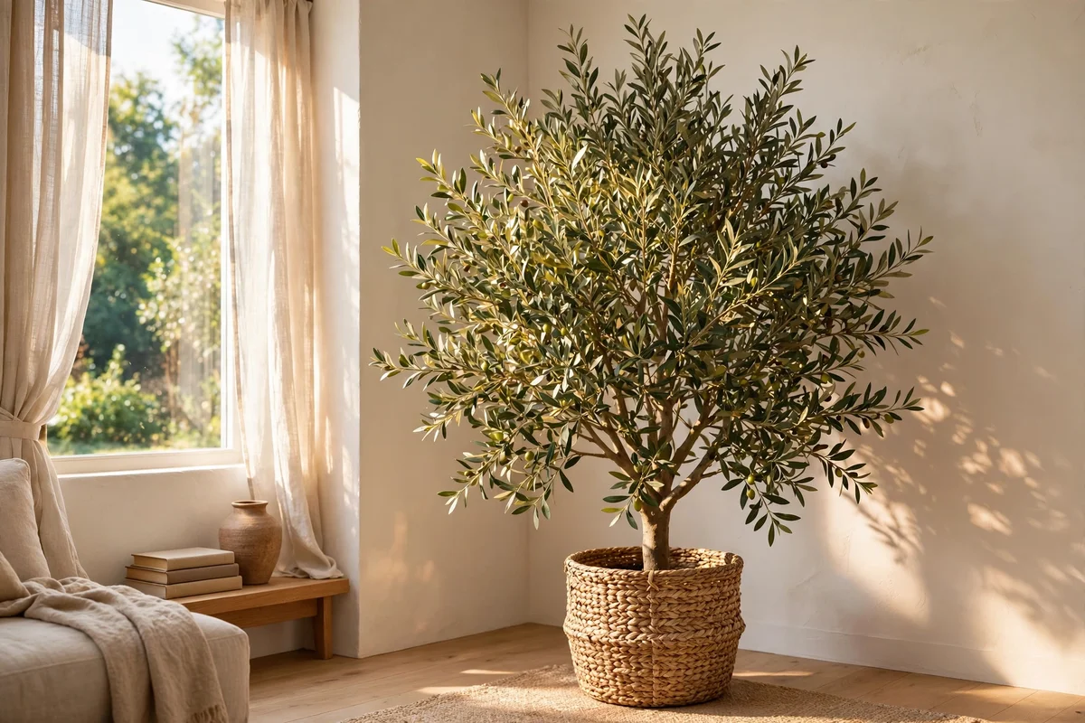 Large olive tree in a woven basket in a living room corner
