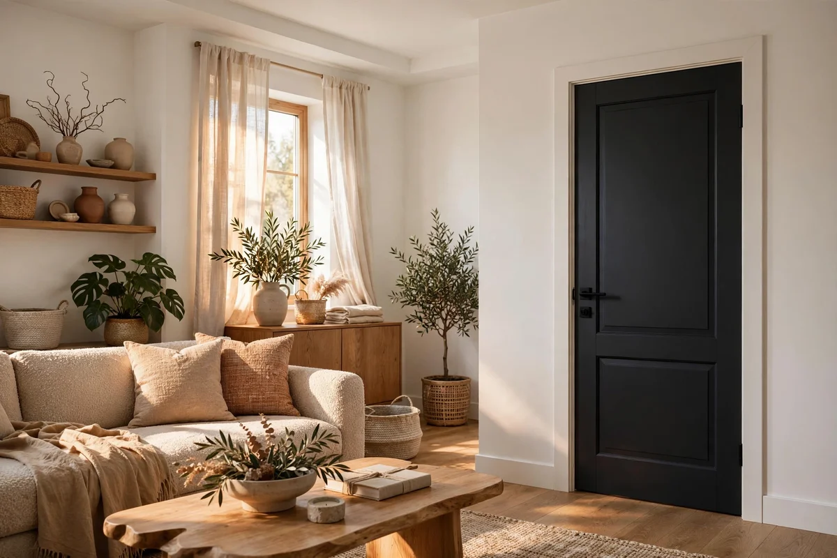 Warm white living room with one deep charcoal painted door