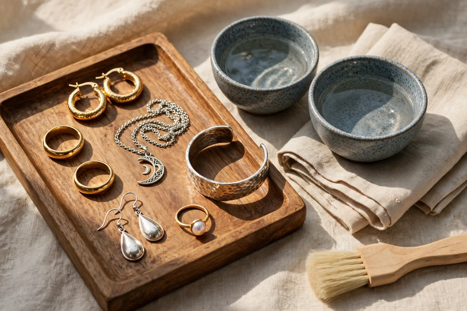 A still life of gold and silver jewelry beside small bowls, cloths and a soft brush in warm natural light