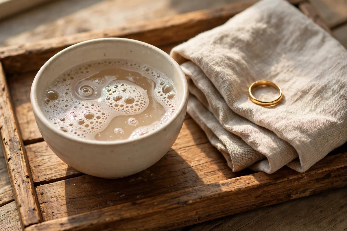 Gold ring beside a small bowl of warm soapy water on a wooden tray