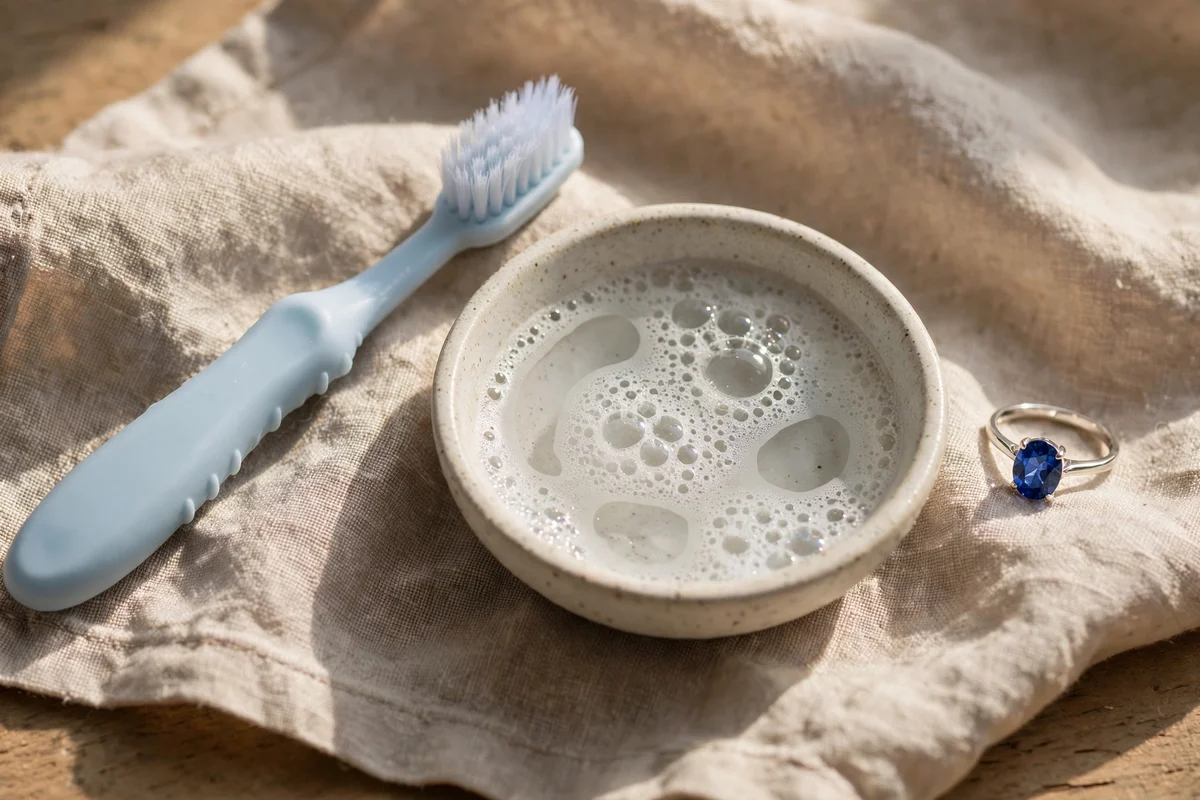 A soft toothbrush beside a small dish of soapy water and a gemstone ring on cloth