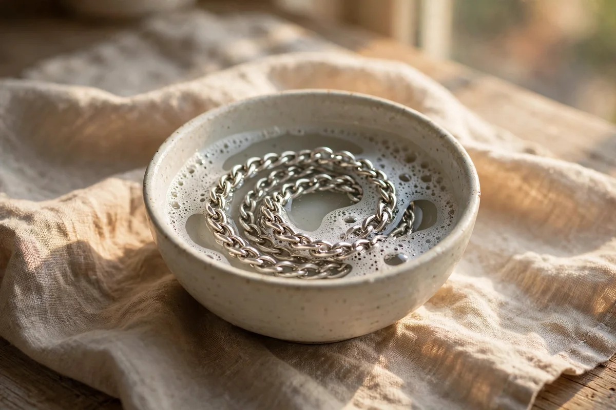 A silver chain coiled in a small bowl of mild soapy water on linen