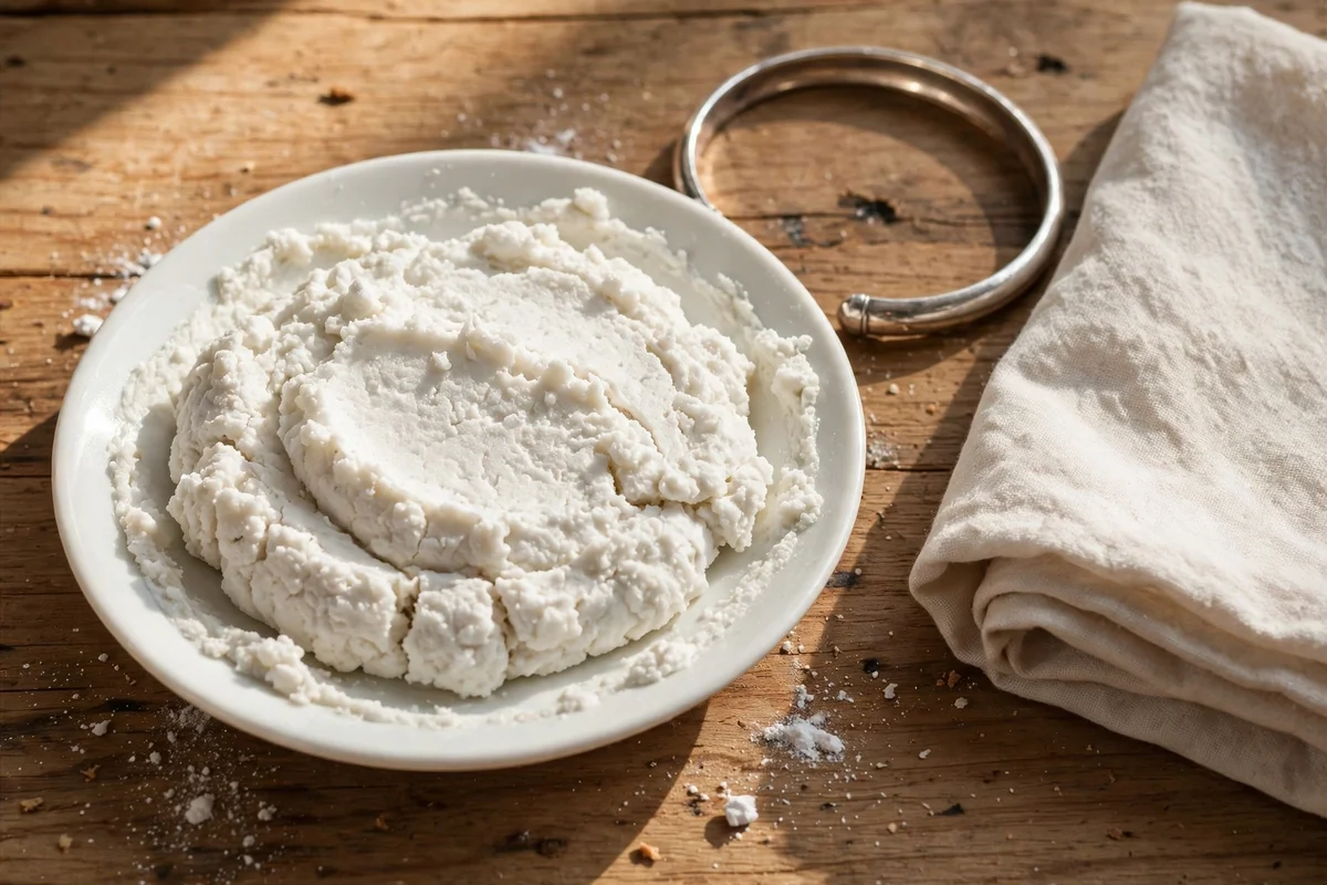 A small saucer of baking soda paste beside a silver bangle and a soft cloth