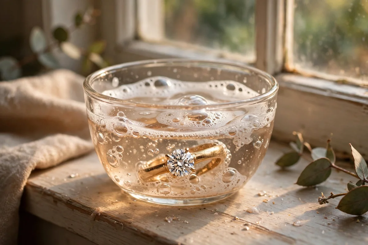A diamond ring soaking in a small bowl of warm soapy water near a window
