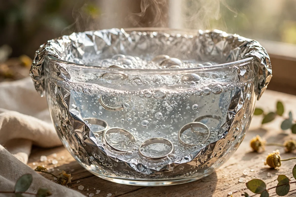 A foil lined glass bowl with hot soda water and silver pieces in warm light