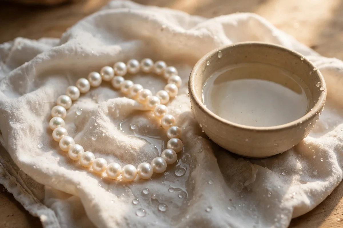 A strand of pearls resting on a soft damp cloth beside a small bowl of water