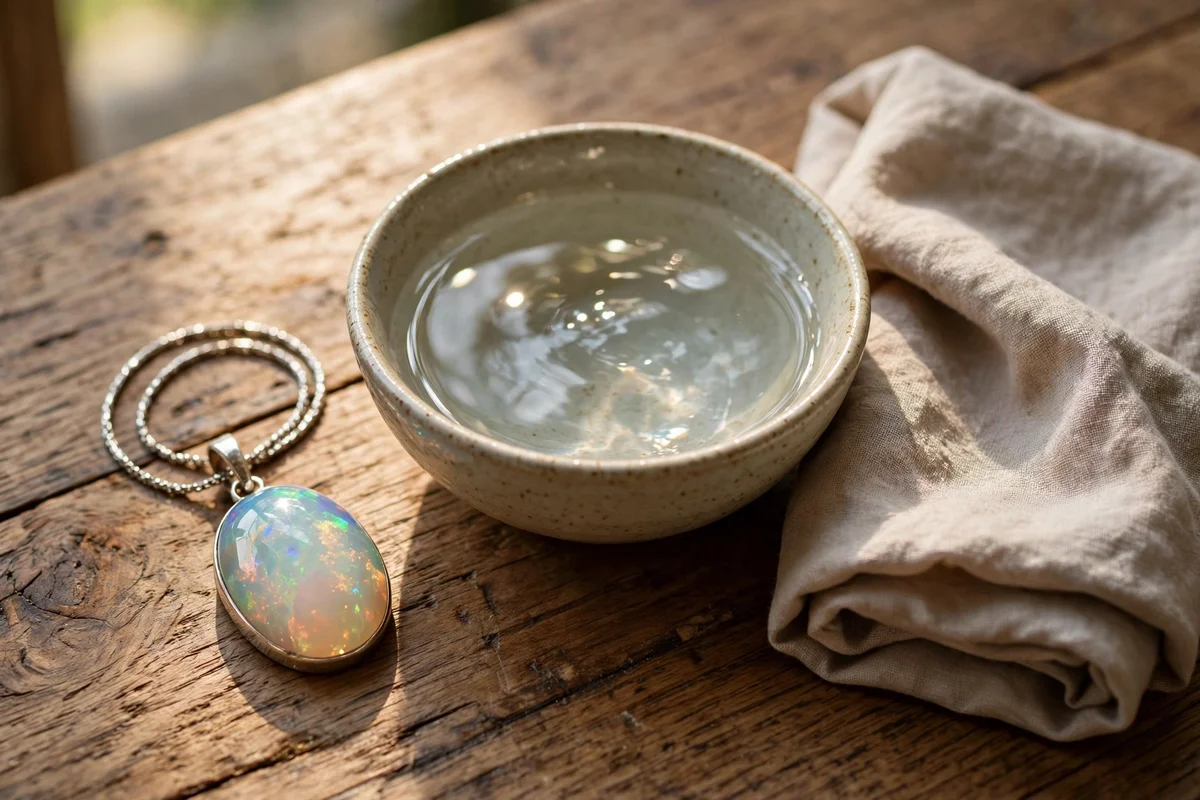 An opal pendant beside a small bowl of room temperature water and a soft cloth