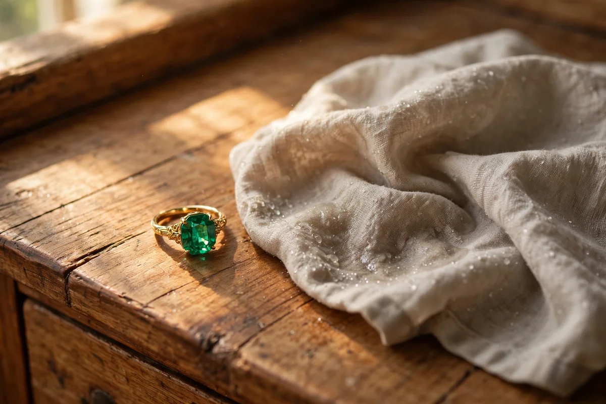 An emerald ring beside a barely damp soft cloth on a wooden surface