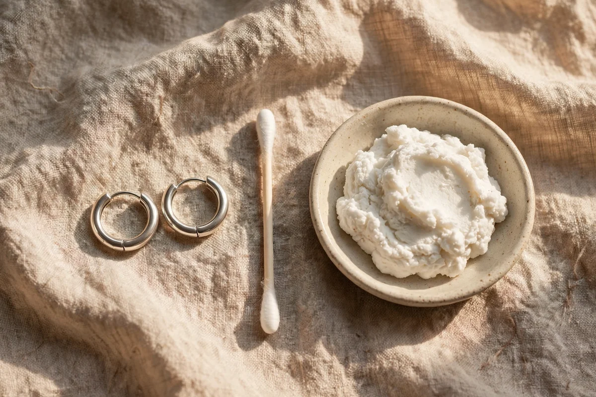 Silver earrings with a cotton bud and small dish of baking soda paste