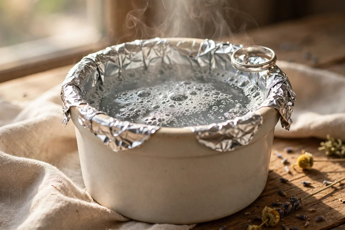 A small ramekin lined with foil holding hot soda water and a silver ring