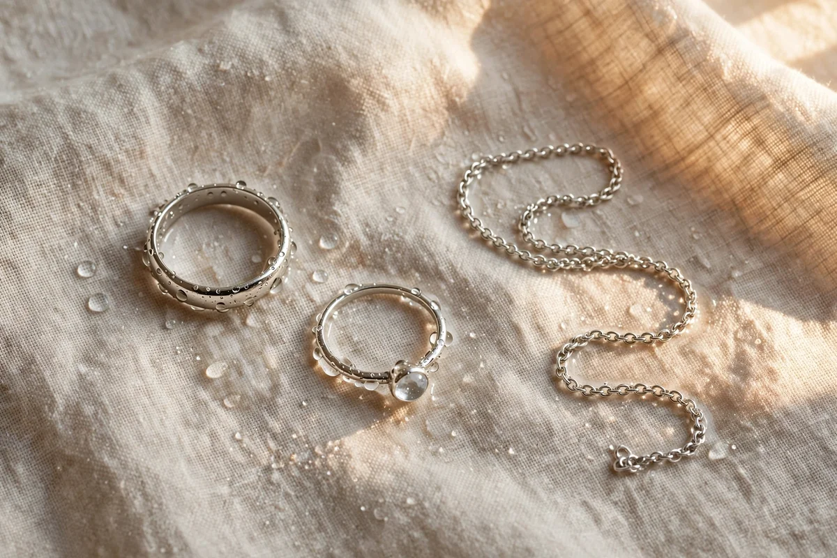 Rinsed rings and a chain air drying separately on a clean linen cloth