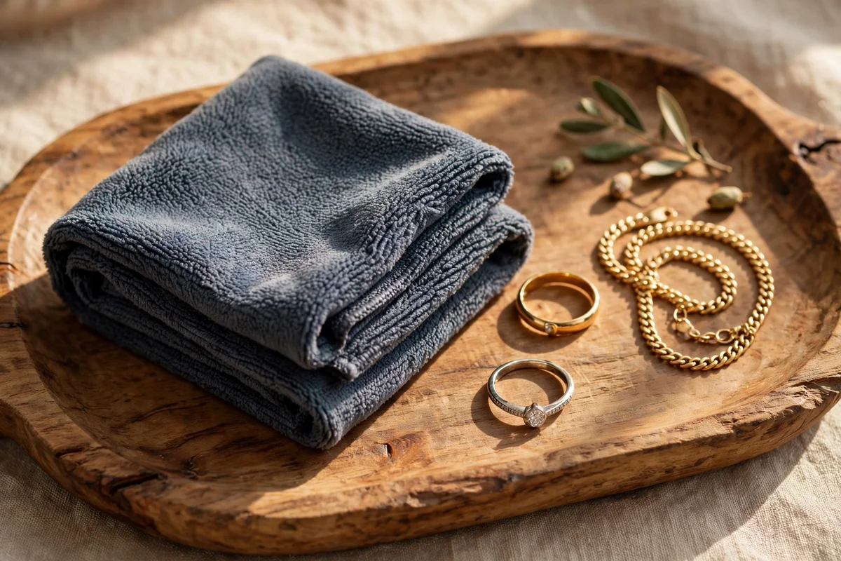 A microfiber polishing cloth beside gold and silver pieces on a tray