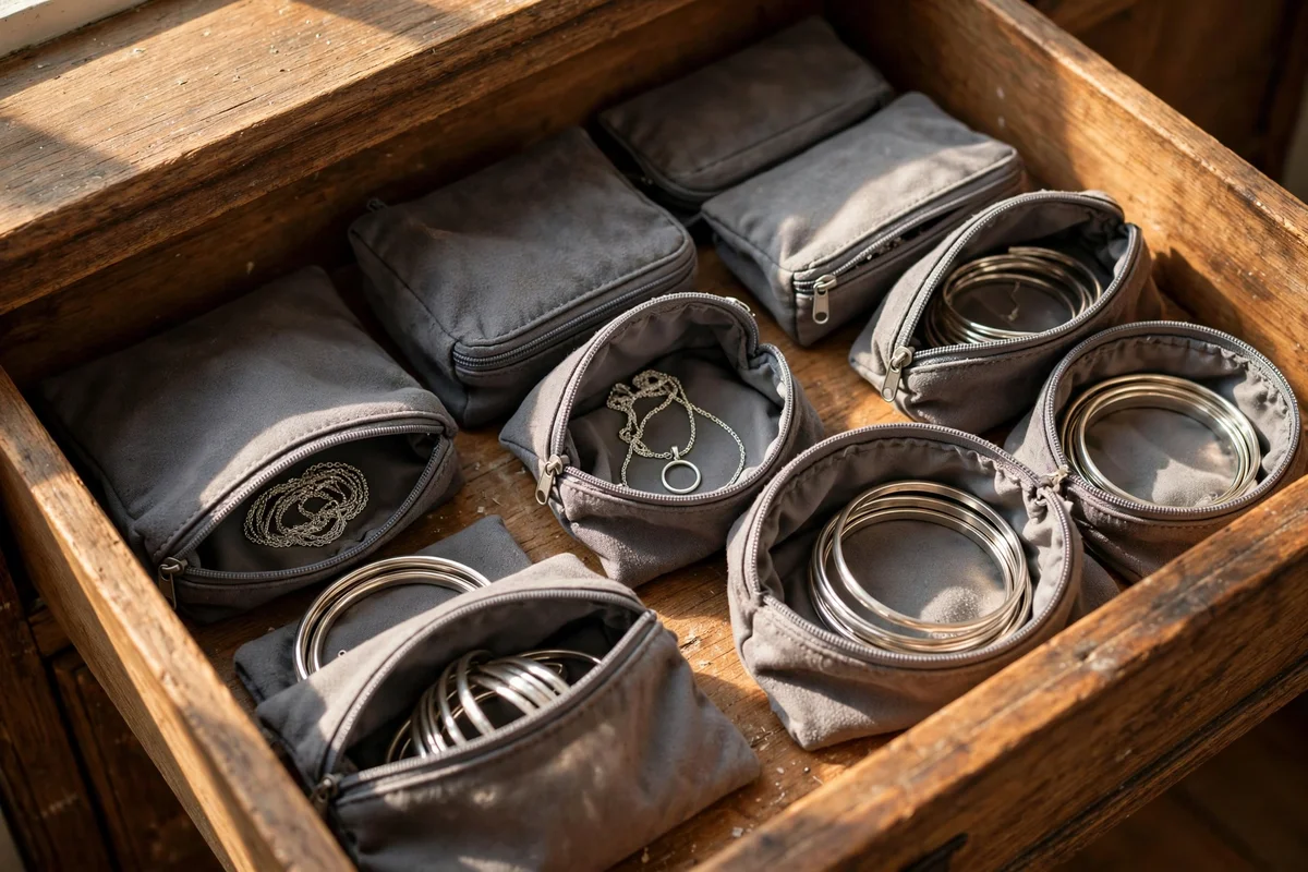 Silver pieces stored in individual anti tarnish pouches in an open drawer