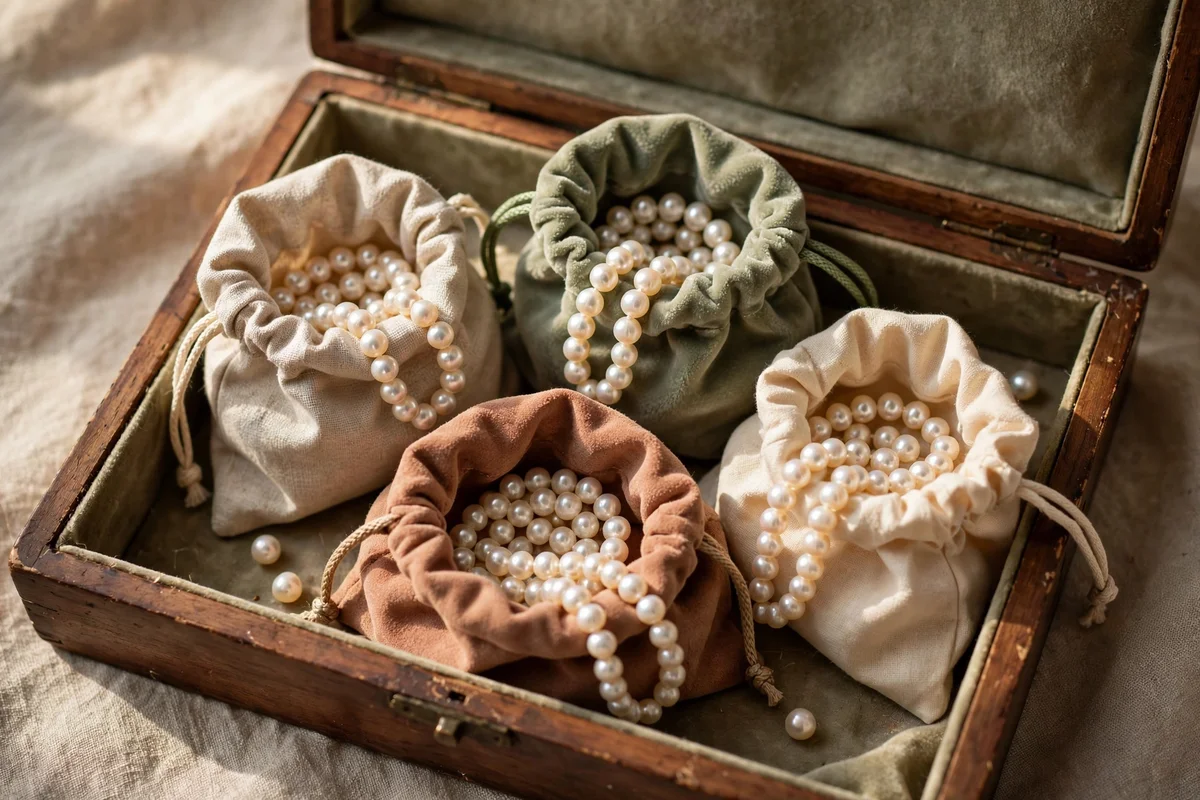 Pearl strands resting in separate soft cloth bags inside a jewelry box