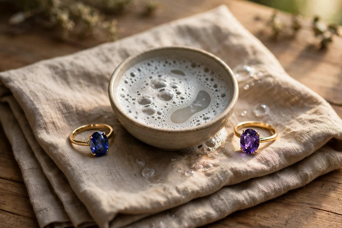 Sapphire and amethyst rings beside a small bowl of soapy water on cloth