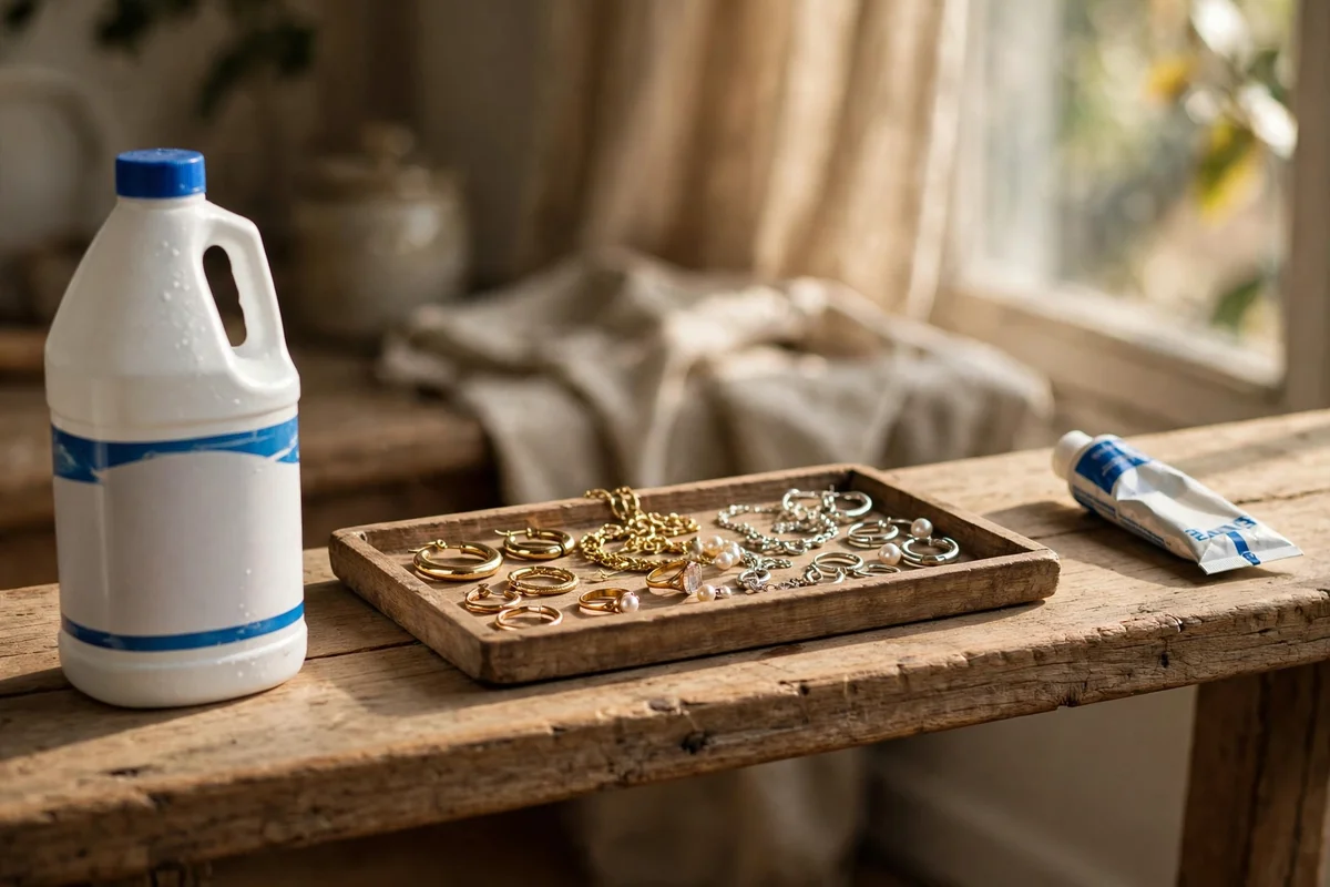 A crossed out style still life of bleach bottle and toothpaste kept away from jewelry