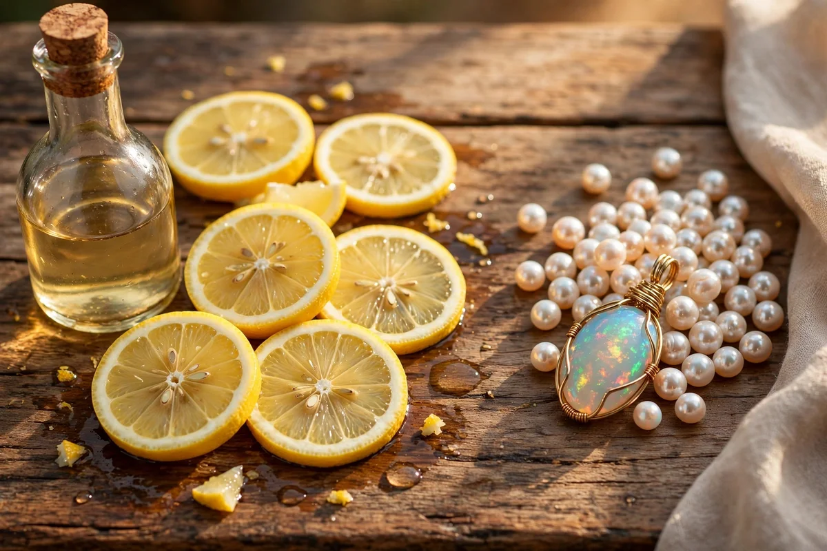 Lemon slices and a vinegar bottle set apart from pearls and an opal pendant