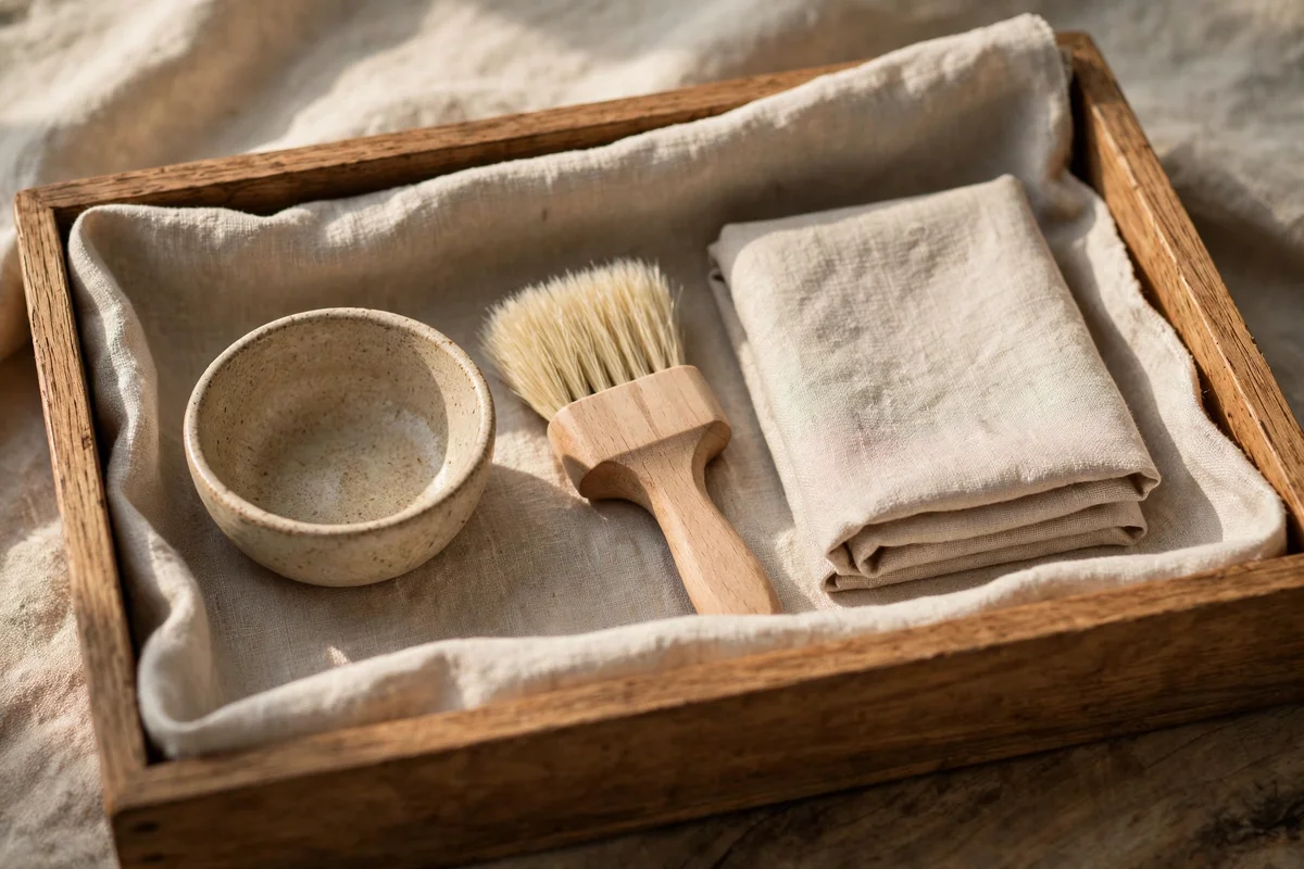 A wooden tray with linen cloth, small bowl, soft brush and polishing cloth arranged neatly