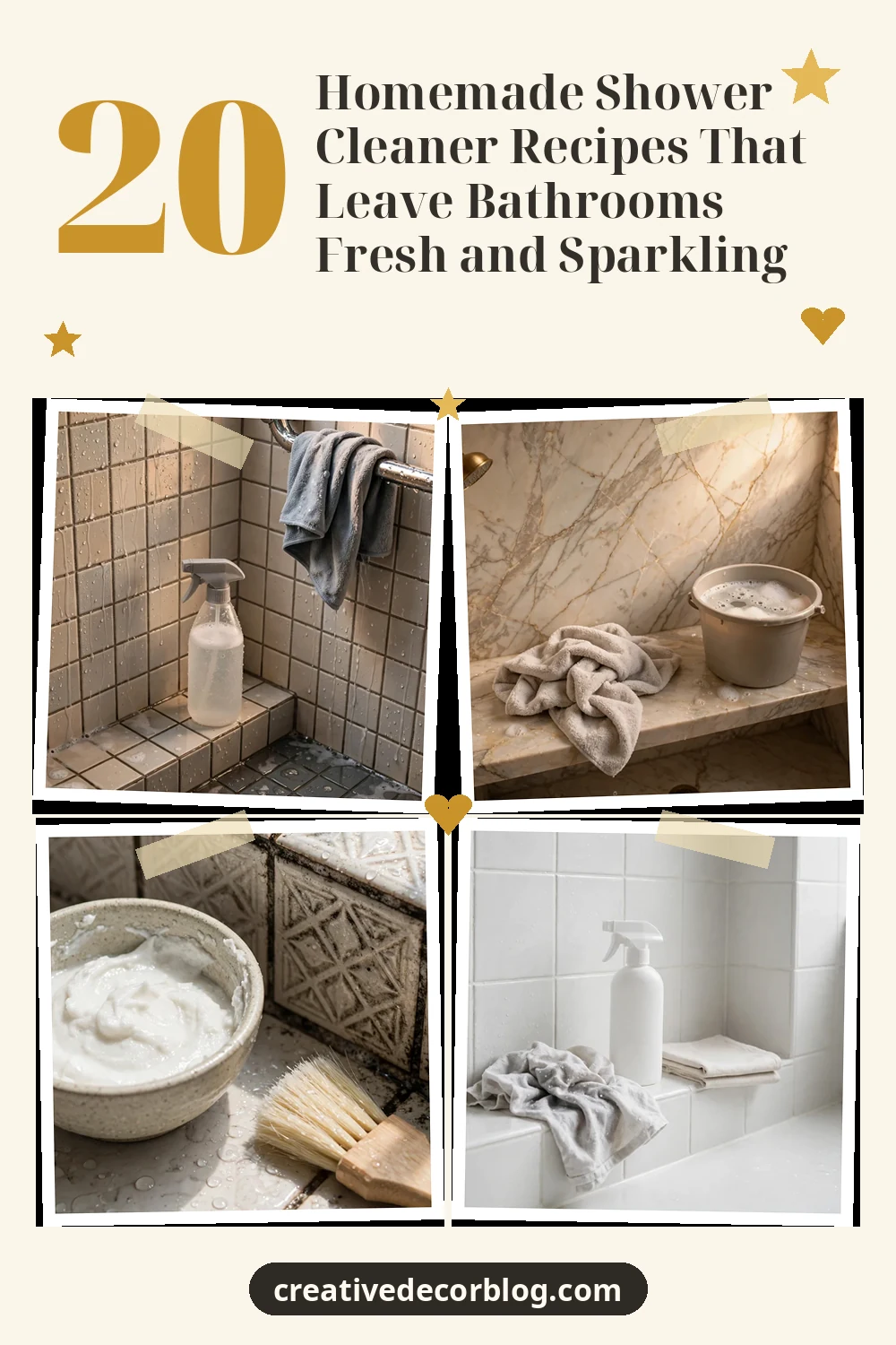 Pinterest pin collage of homemade shower cleaner recipes with the title 20 Homemade Shower Cleaner Recipes That Leave Bathrooms Fresh and Sparkling