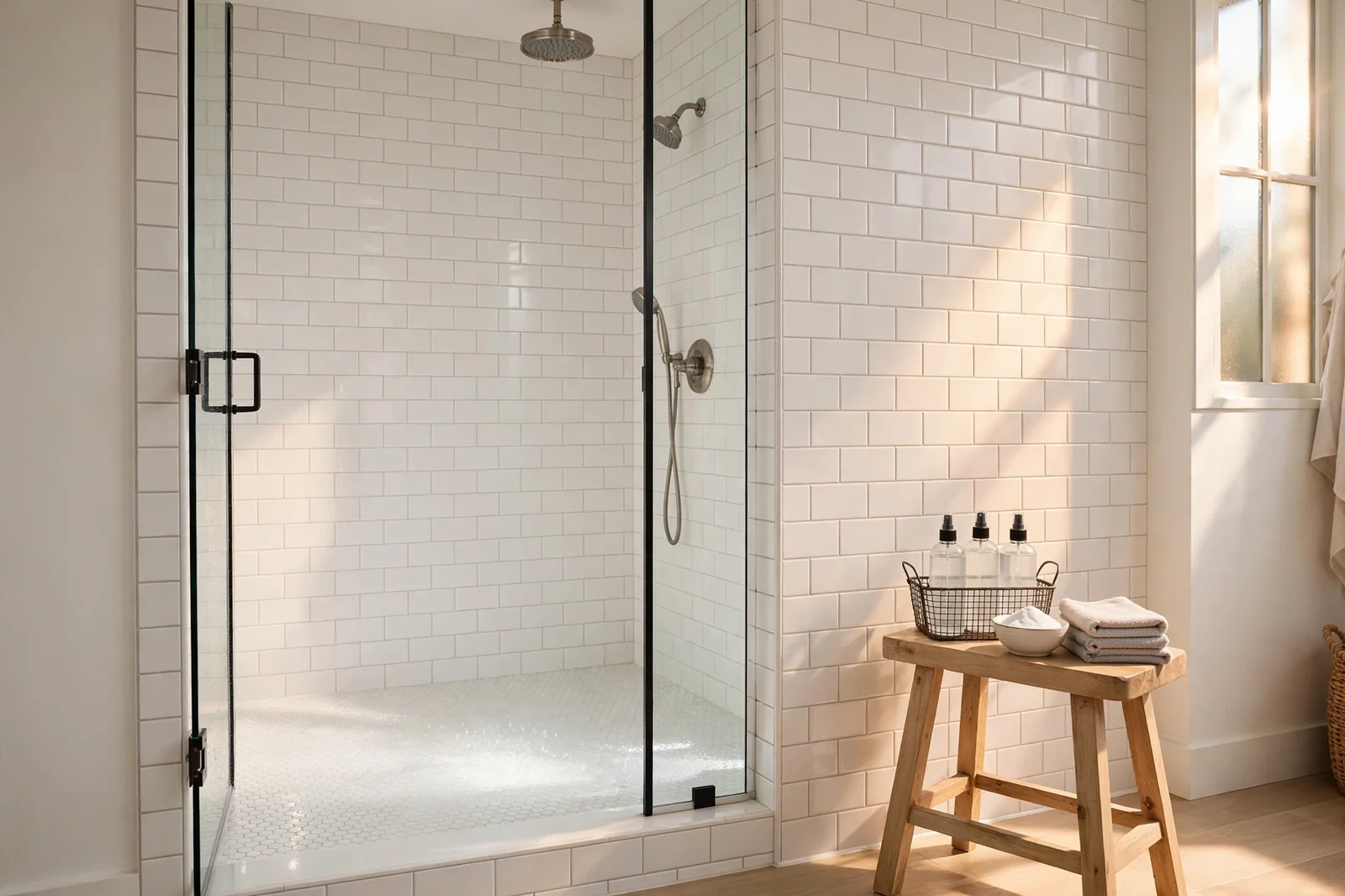 Sparkling clean bright shower with white tiles, a glass door and a caddy of plain spray bottles and cloths