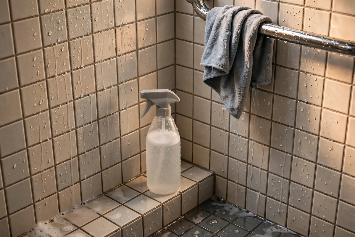 Plain spray bottle of lightly soapy water inside a freshly used tiled shower stall