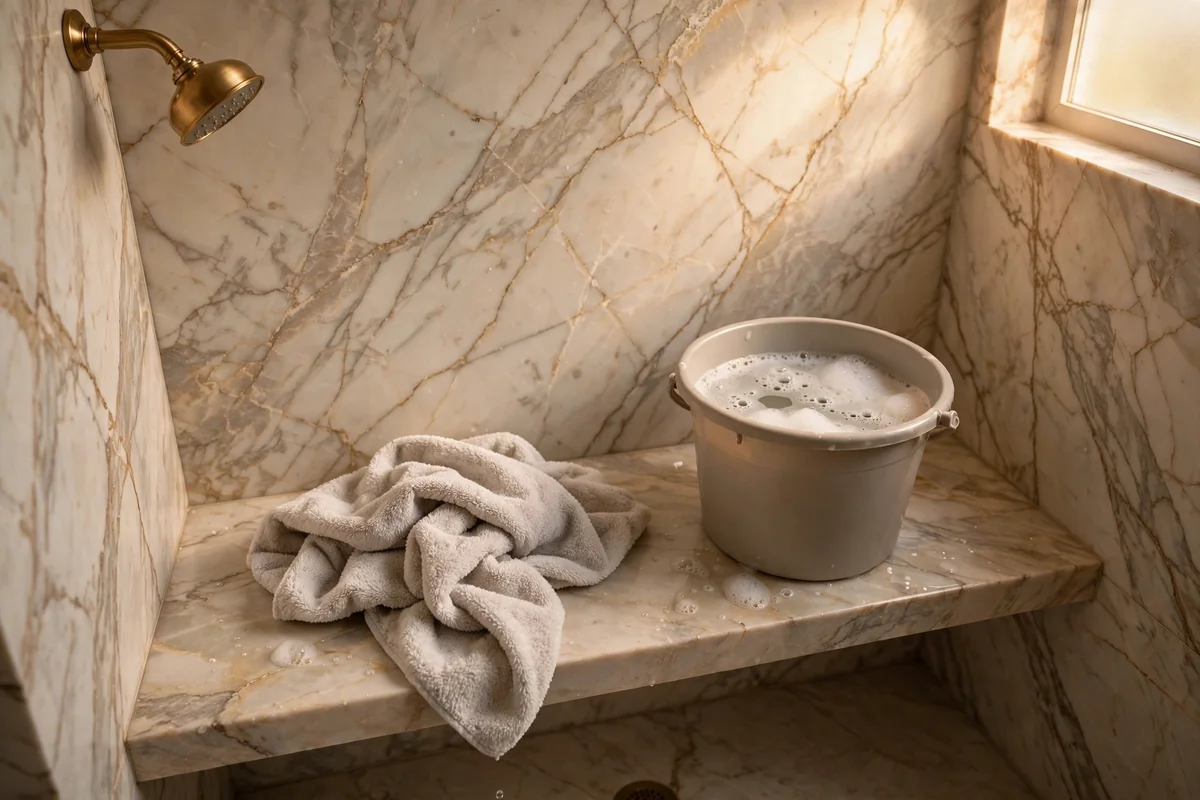 Natural marble shower wall with a bucket of warm soapy water and a soft cloth on the bench