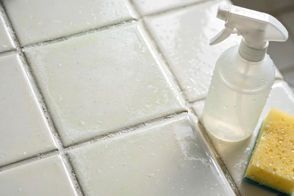 Glazed ceramic shower tiles with a light mineral haze, a vinegar spray bottle and a sponge
