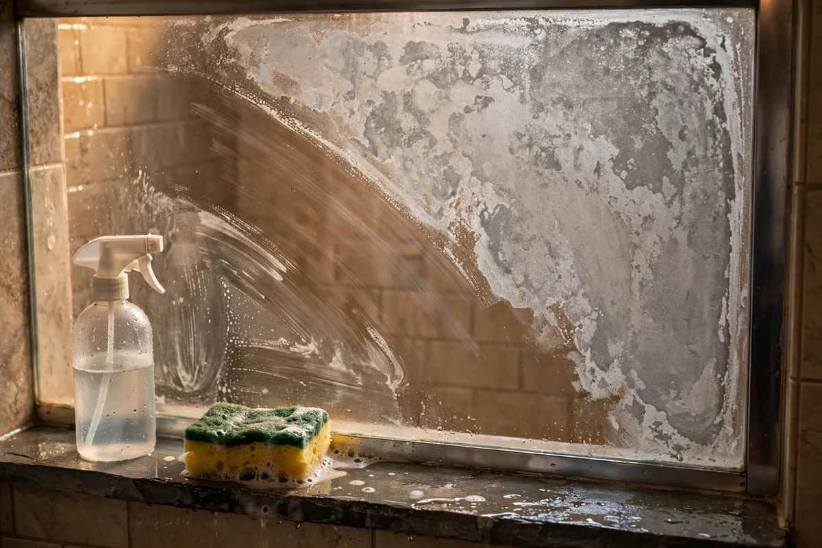 Shower glass panel with waxy soap scum half cleaned to a clear shine, spray bottle nearby