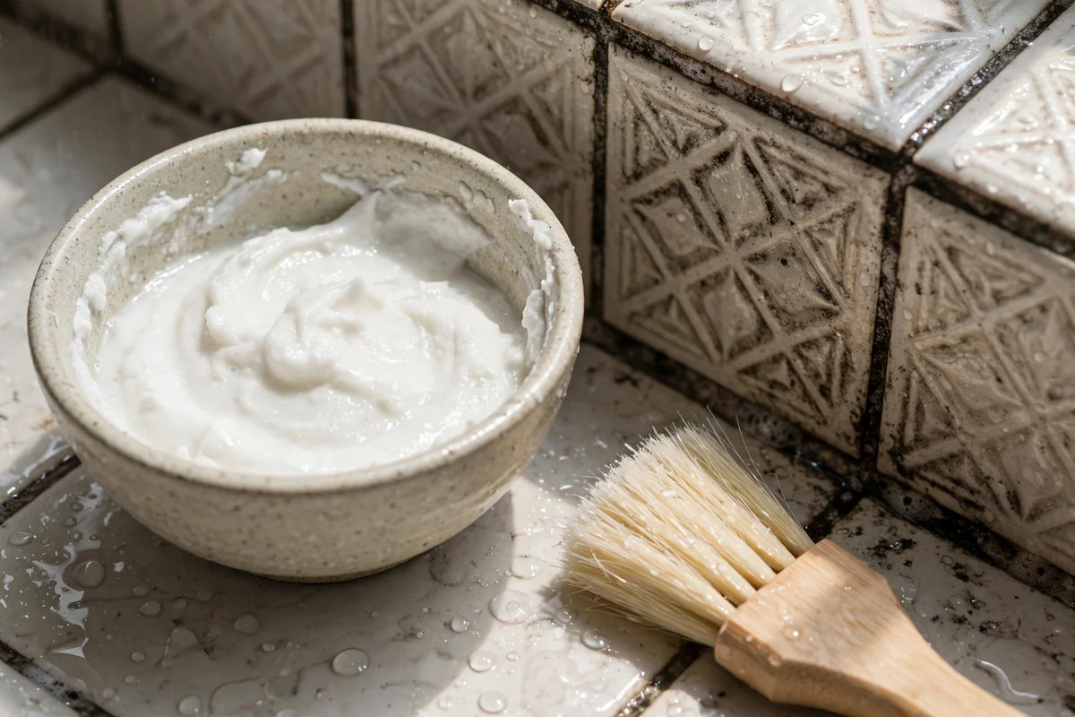 Ceramic bowl of soft baking soda paste beside textured ceramic shower tiles and a nylon brush