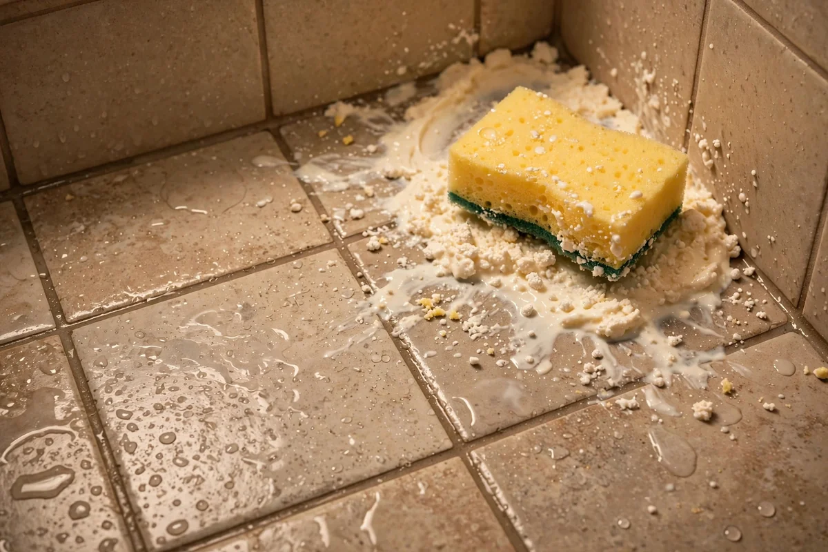 Glazed tile shower floor with a creamy baking soda scrub spread in one corner and a sponge