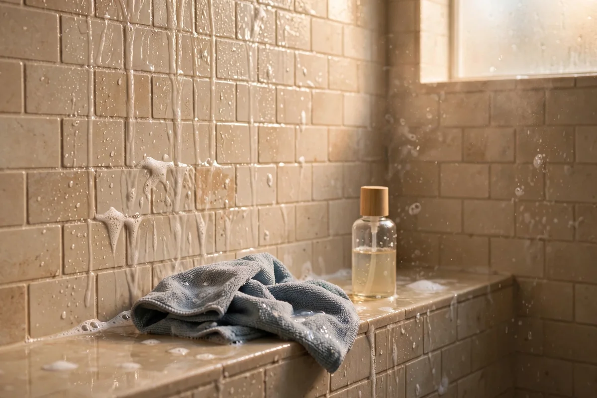 Shower wall with a microfiber cloth and a small bottle of castile soap on the ledge