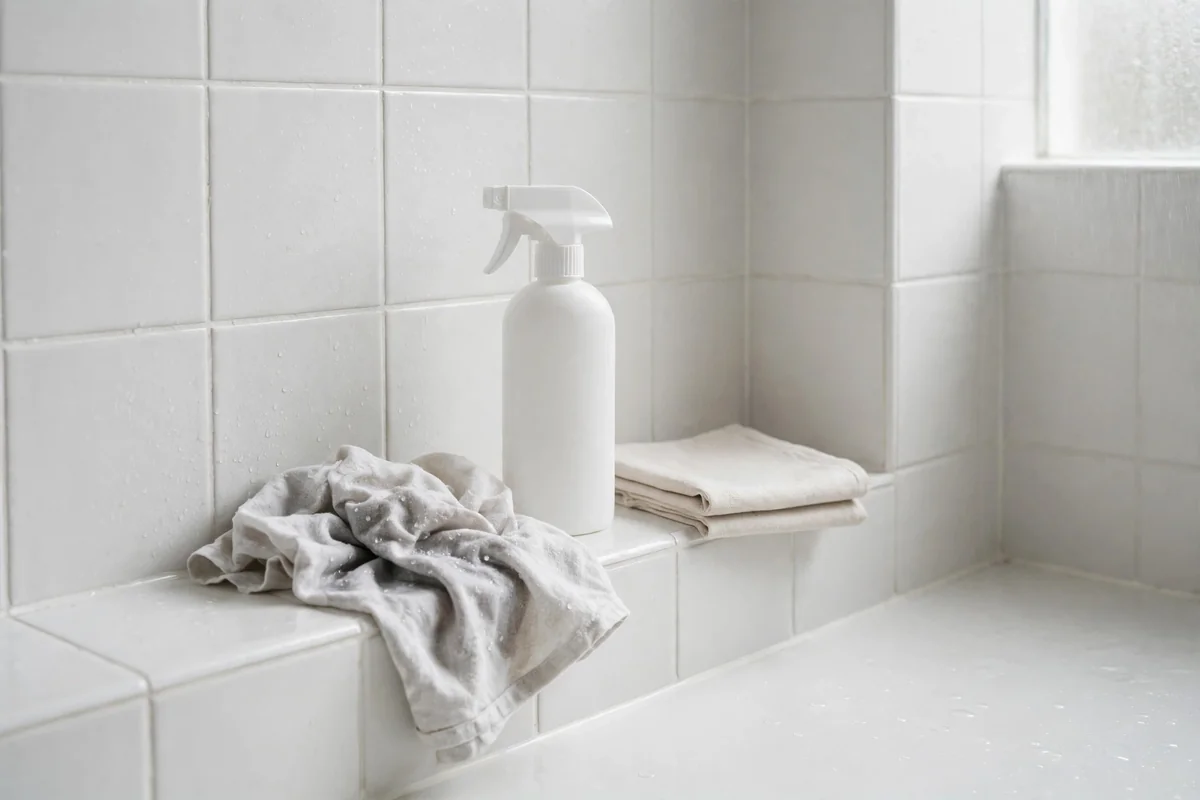 Minimal fragrance free cleaning setup in a bright shower with a plain spray bottle and two cloths