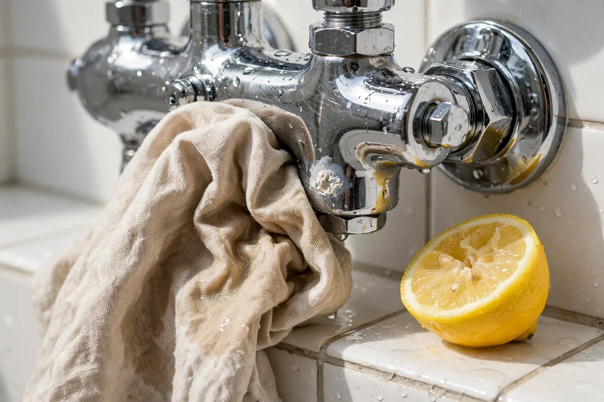 Chrome shower fixture with a small chalky mineral spot and a lemon half on the ledge