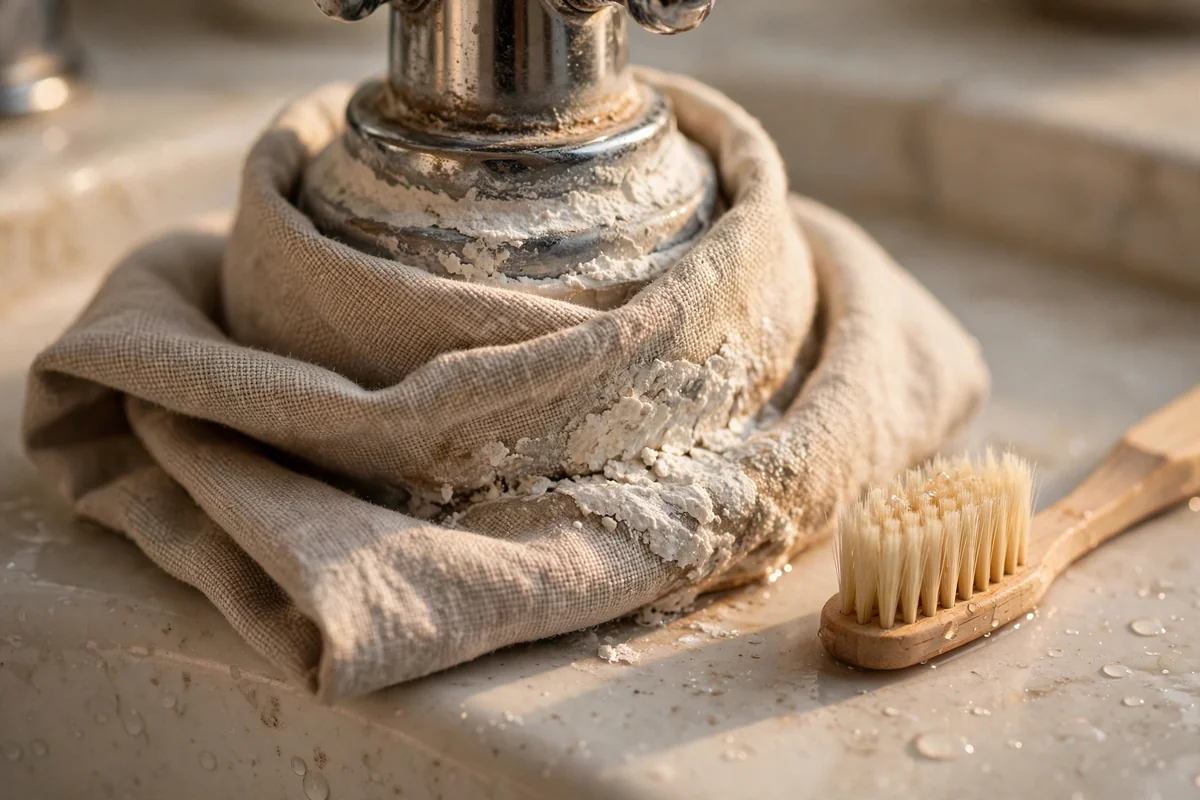Folded cloth wrapped around the base of a faucet with a soft toothbrush beside it