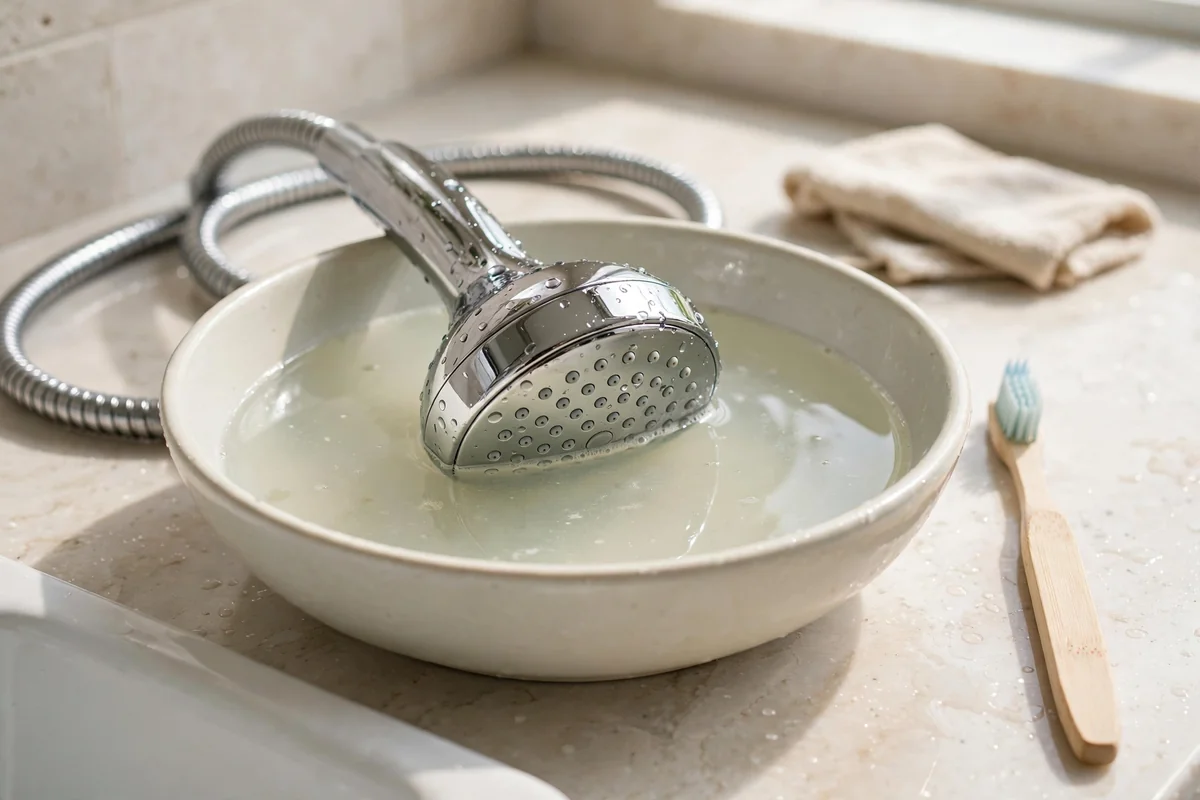 Removable chrome shower head resting face down in a shallow bowl of soaking liquid