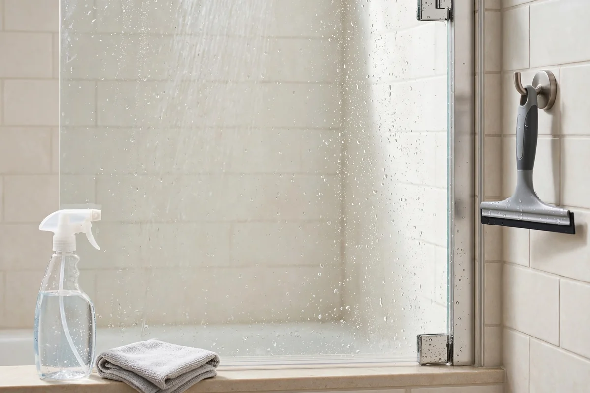 Clear glass shower door with light water spots, a spray bottle and a dry glass cloth