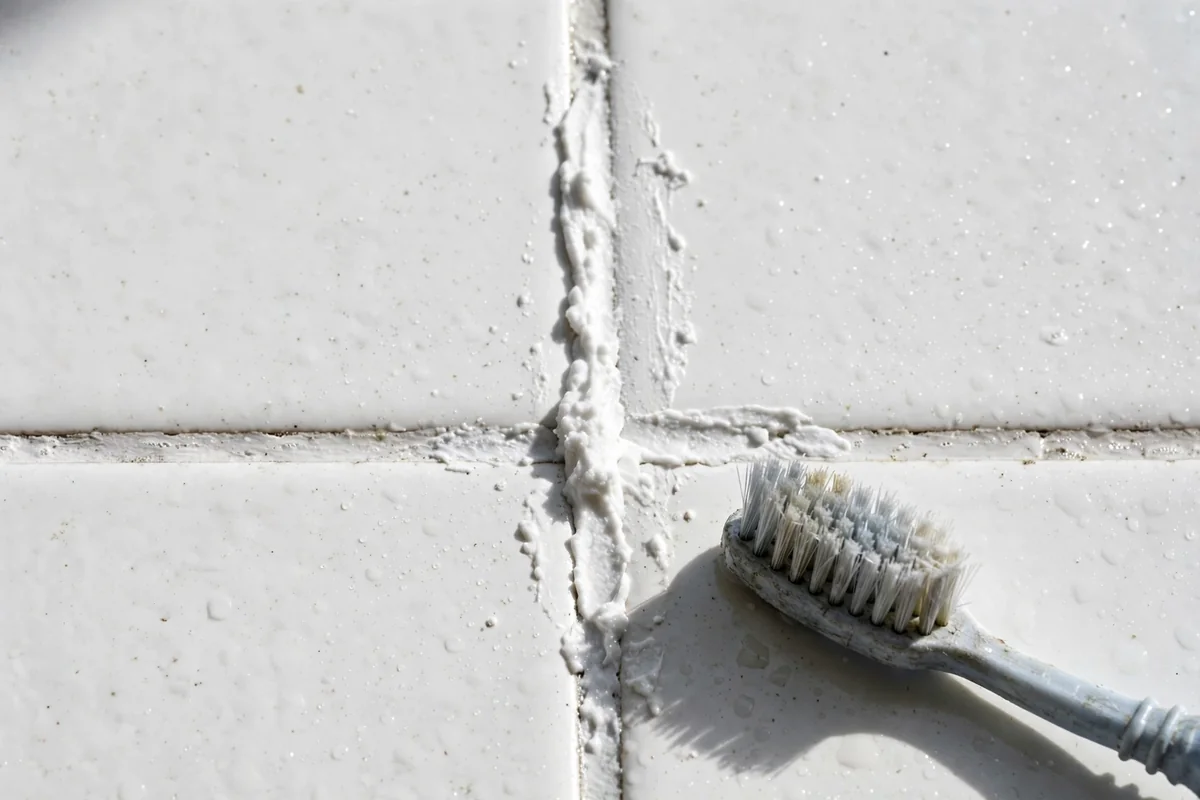 Shower grout lines with a fine white paste worked along one line and a soft toothbrush