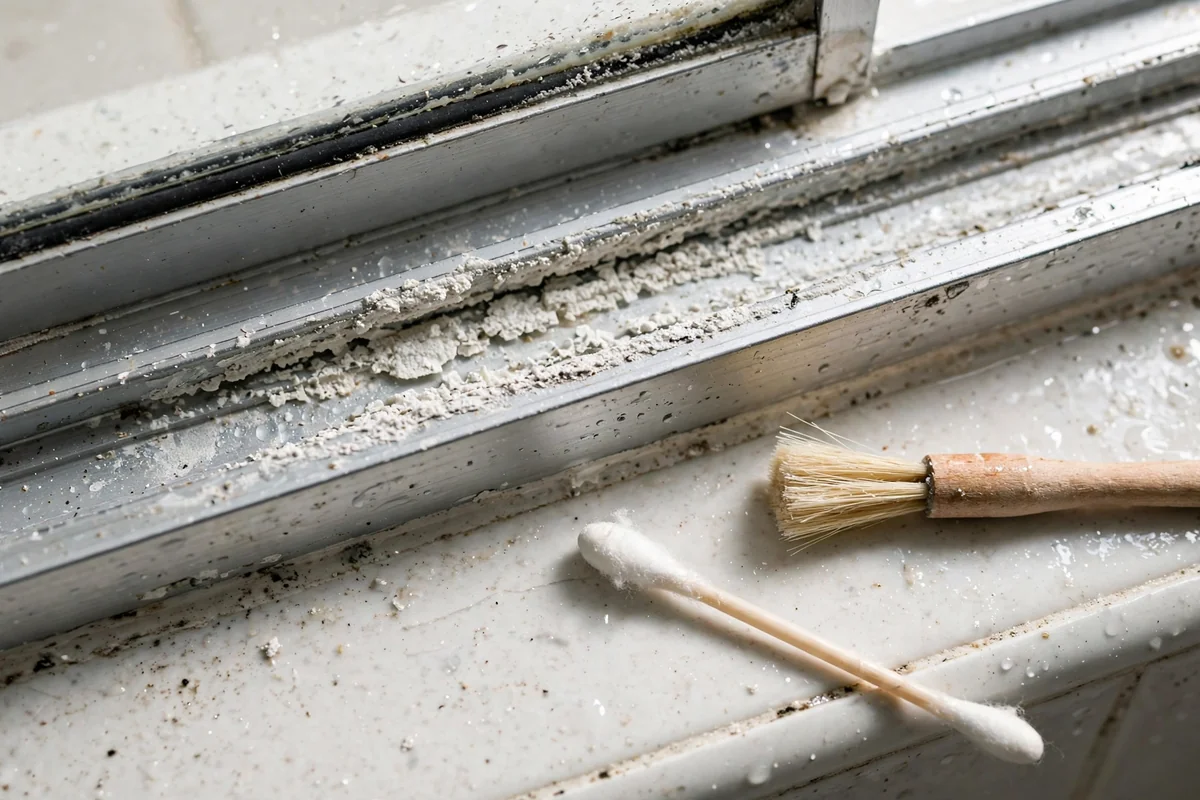 Sliding shower door track with chalky buildup, a cotton bud and small brush beside it