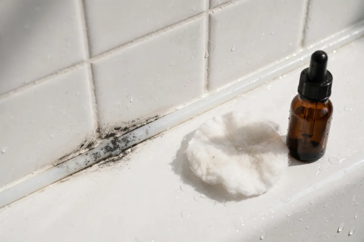 White silicone sealant line with a faint dark shadow, a cotton pad and a small brown bottle