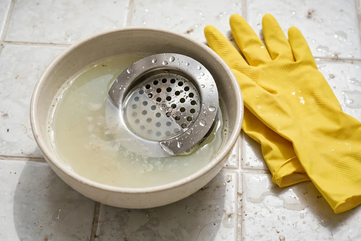 Removed stainless steel drain cover soaking in a small bowl beside yellow cleaning gloves