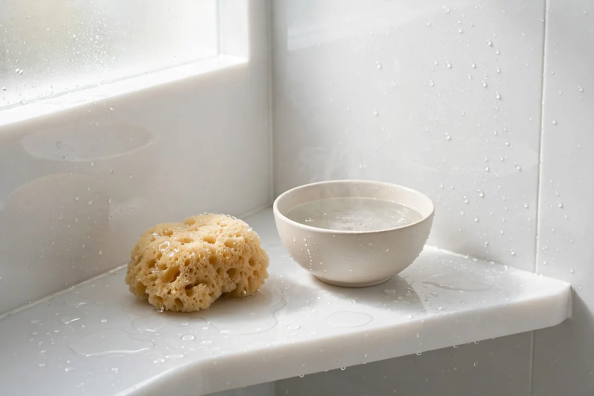 Smooth white acrylic shower surround with droplets, a soft sponge and a bowl of warm water