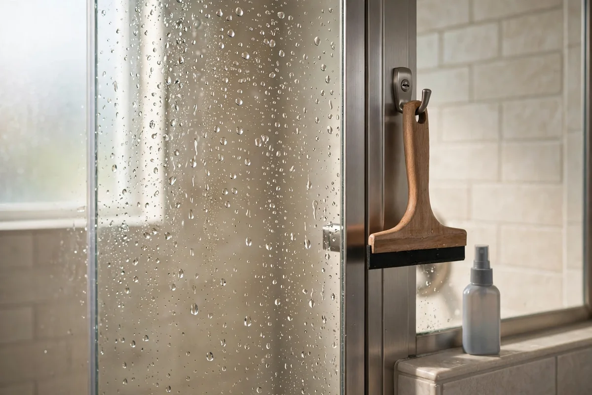 Shower glass door with a squeegee hanging beside a small maintenance spray bottle