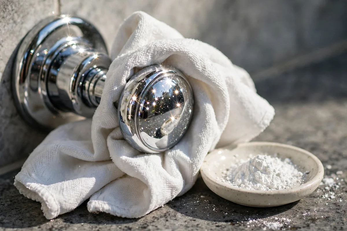 Dry white cloth buffing a chrome shower handle to a shine with a dish of cornstarch beside it