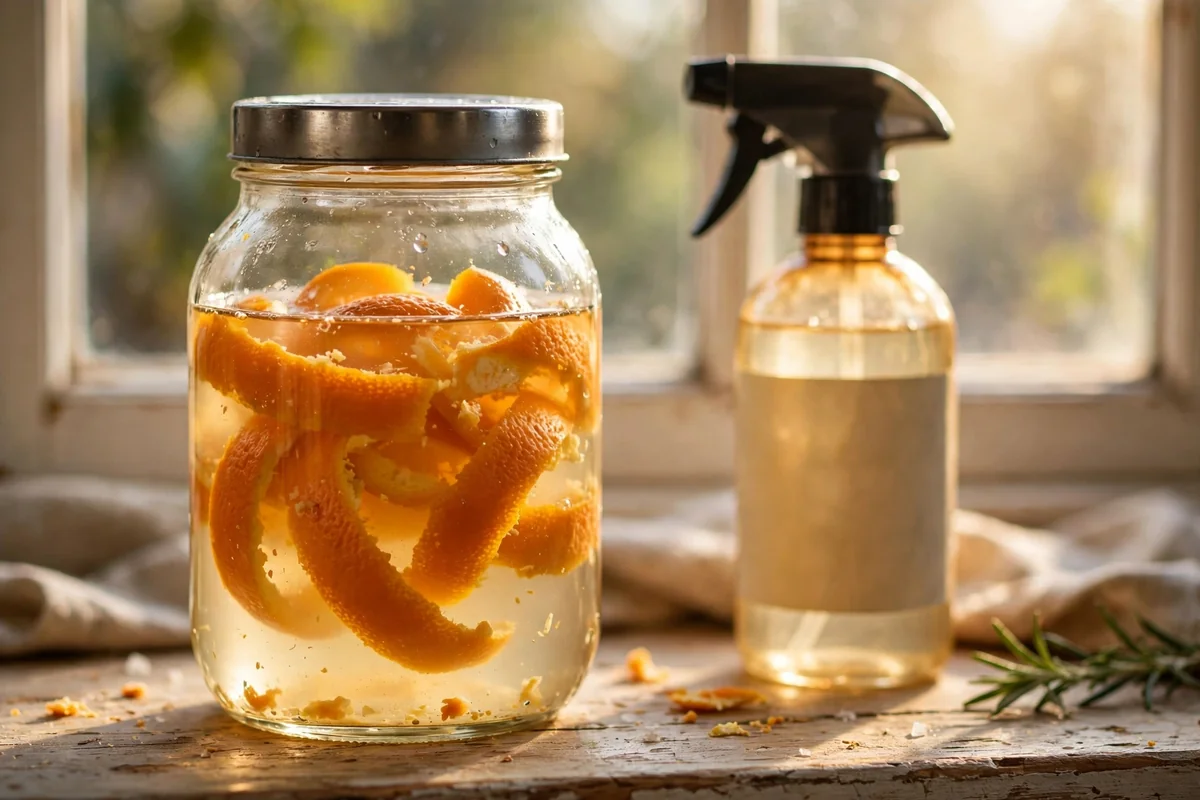 Glass jar of vinegar with orange peels infusing on a sunny windowsill beside a spray bottle