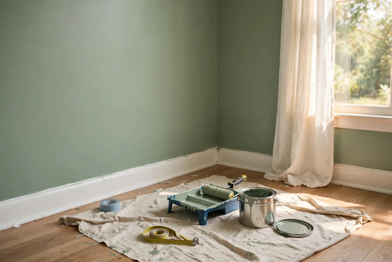 Paint tins, roller and measuring tape in a freshly painted room