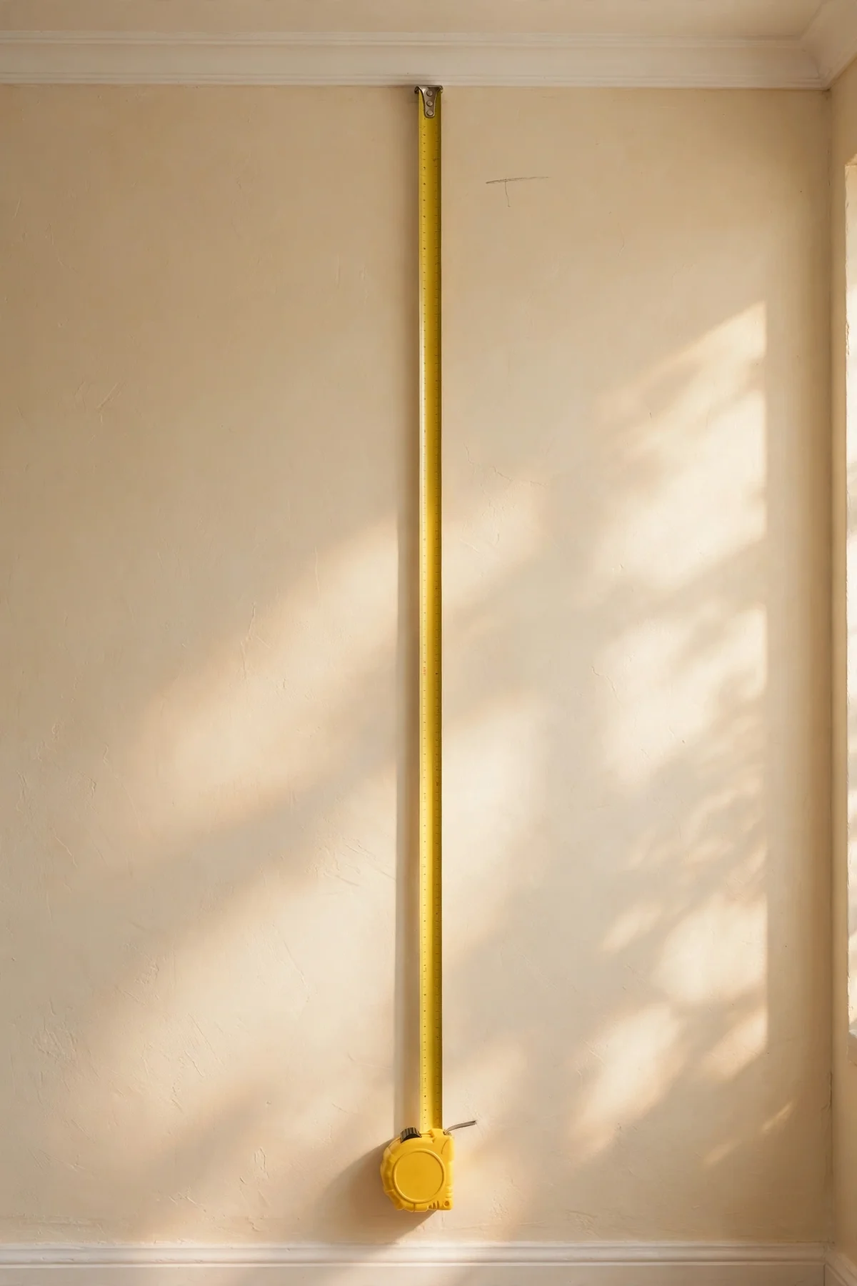 Measuring tape against a cream wall showing ceiling height