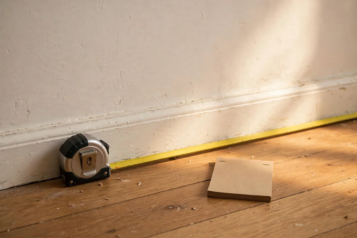 Tape measure extended along the base of an empty wall