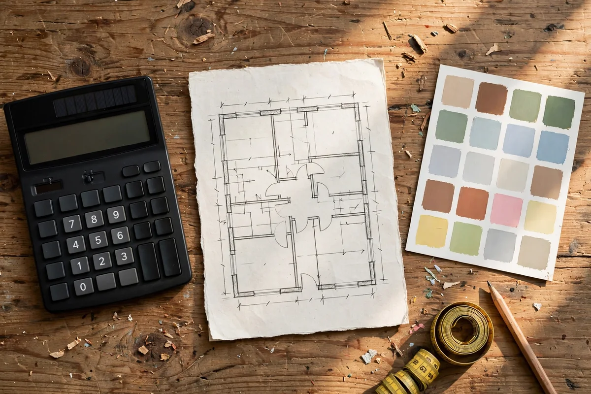 Calculator and handwritten room measurements beside a paint colour chart