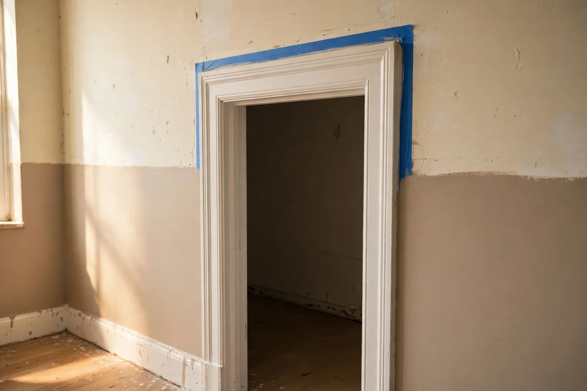 White interior door frame against a partially painted wall