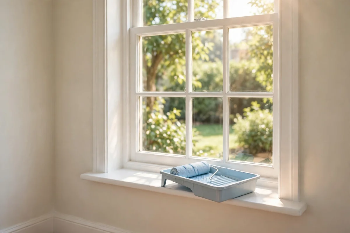 Bright window with white frame in a freshly painted room